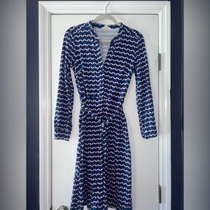 Boden Navy and Pink Wave-Print Long-Sleeve Wrap Dress